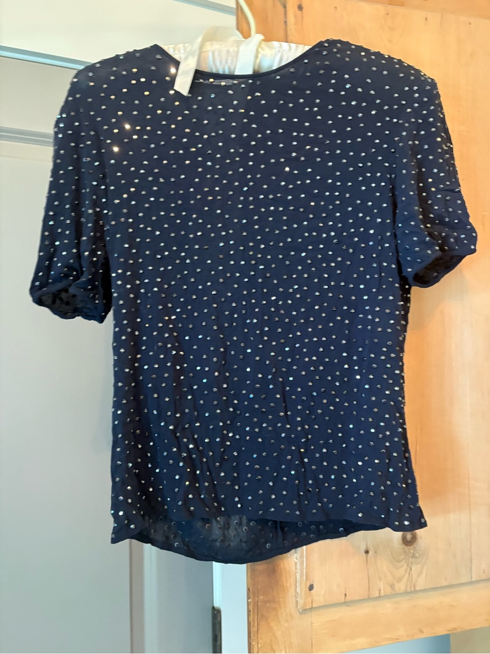 Pamela Dennis Navy Short Sleeve Sequin Dot Top